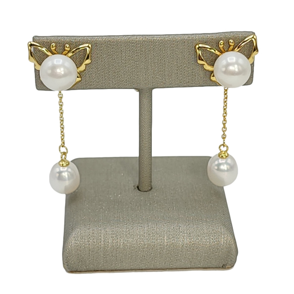White Cultured Freshwater Pearl Dangle Jacket Butterfly Earrings Gold Plated